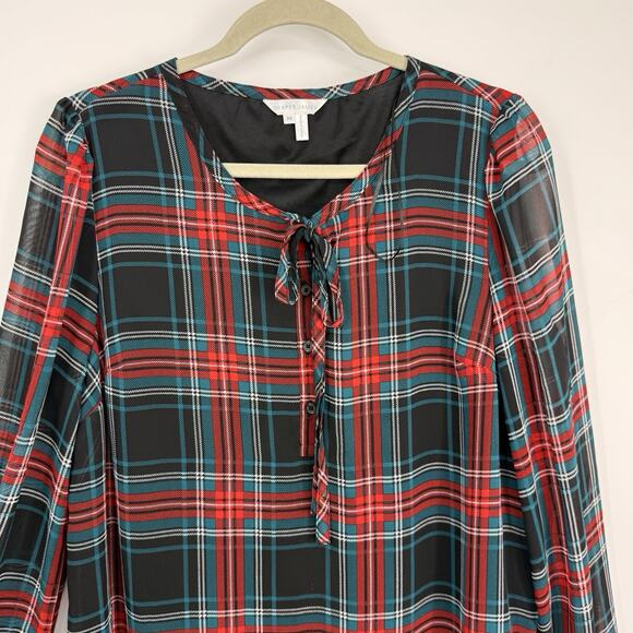 Draper James Plaid Chiffon Shift Dress size Medium Long Sleeves Ruffle Hem Midi - Picture 4 of 8